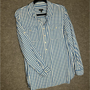 TALBOTS Women's Size Large Blue & White Check Gingham Plaid Button Up Shirt